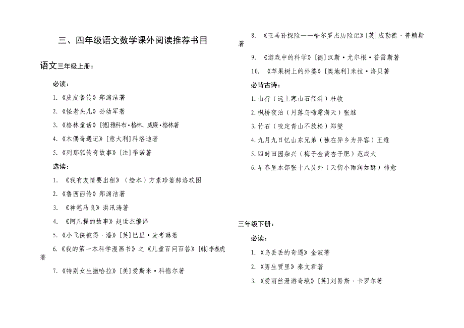 三、四年级语文数学课外阅读推荐书目_第1页