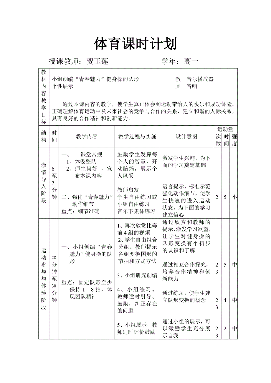 教学设计教案：小组创编“青春魅力”健身操的队形.doc_第2页