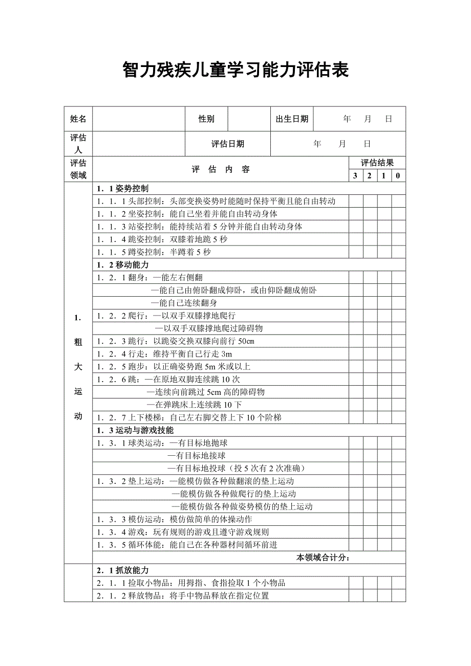 智力残疾儿童学习能力评估表.docx_第1页