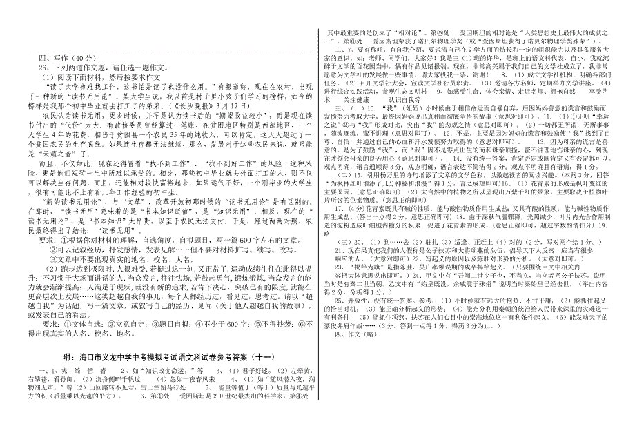 海口市义龙中学中考模拟考试语文科试卷(十一)_第4页