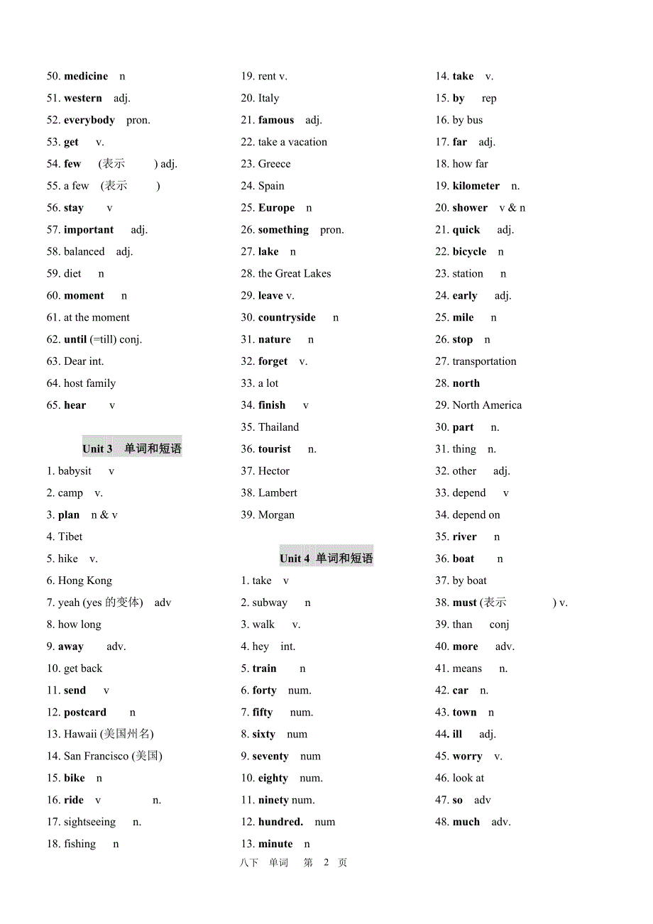 人教版八年级上学期英语单词表(新目标) - 黑体词分明_第2页