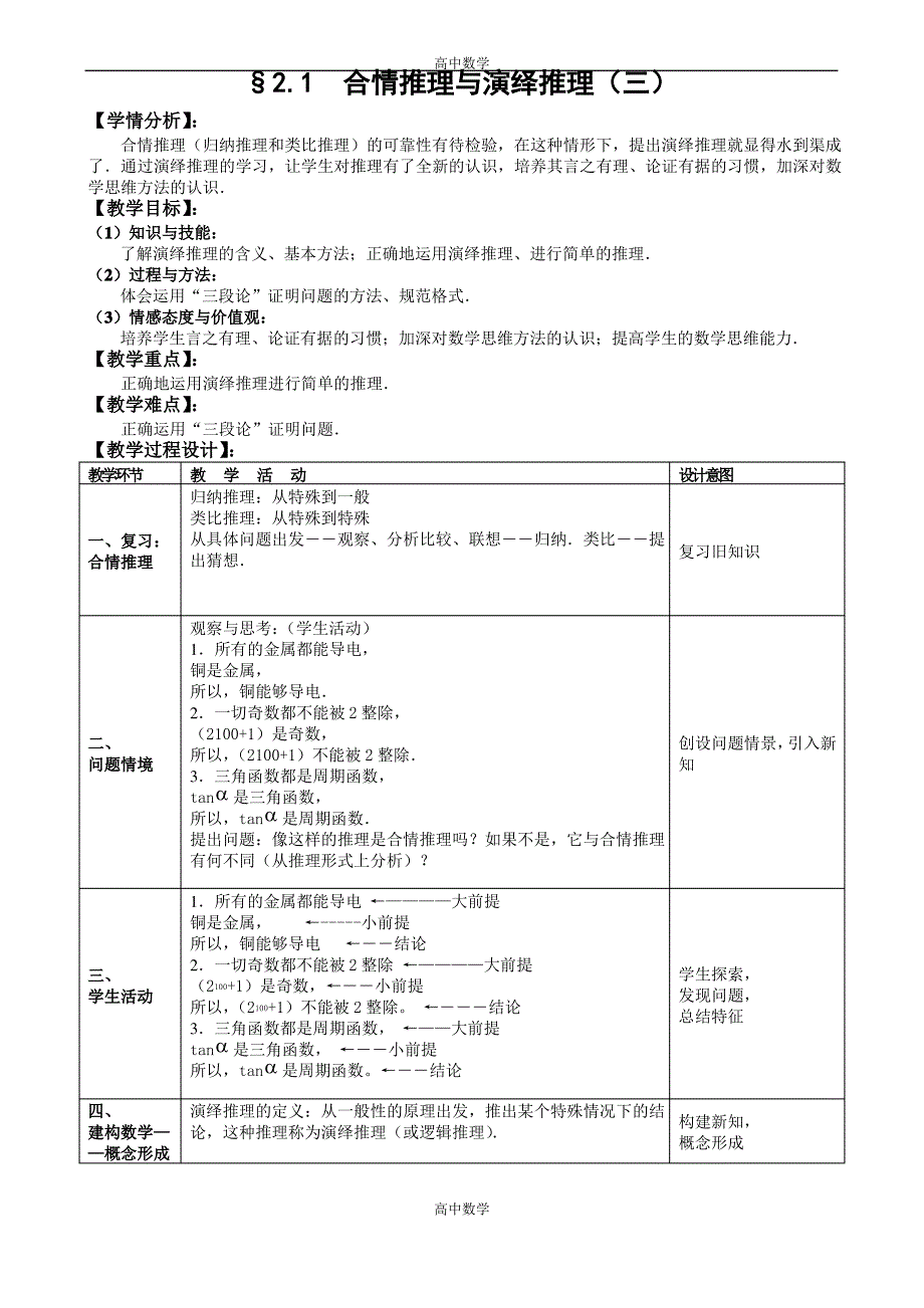 高二数学选修2教案 合情推理与演绎推理(三)_第1页