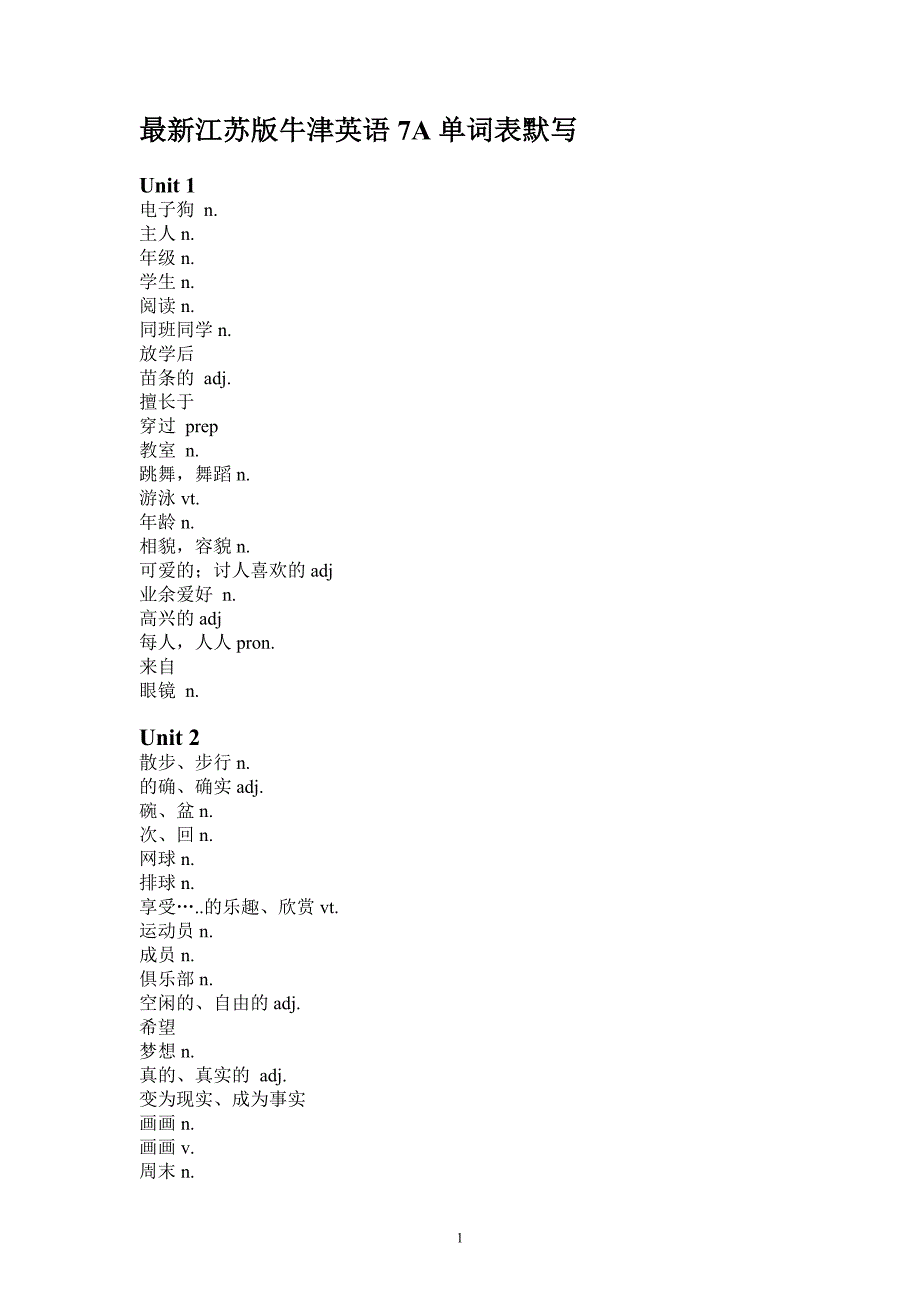 最新江苏版牛津英语7A单词表默写.doc_第1页