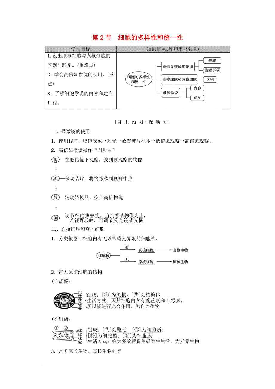 高中生物 第一章 走近细胞 第2节 细胞的多样性和统一性学案 新人教版必修1_第1页