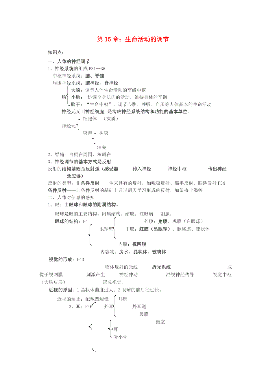 八年级生物上册第15章生命活动的调节复习学案无答案苏科版_第1页