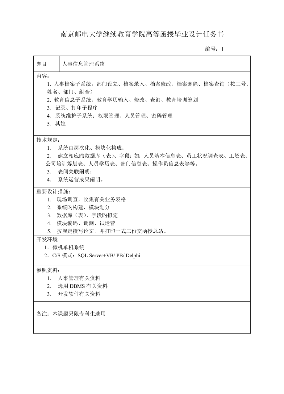2022南京邮电大学继续教育学院高等函授毕业设计任务书_第1页