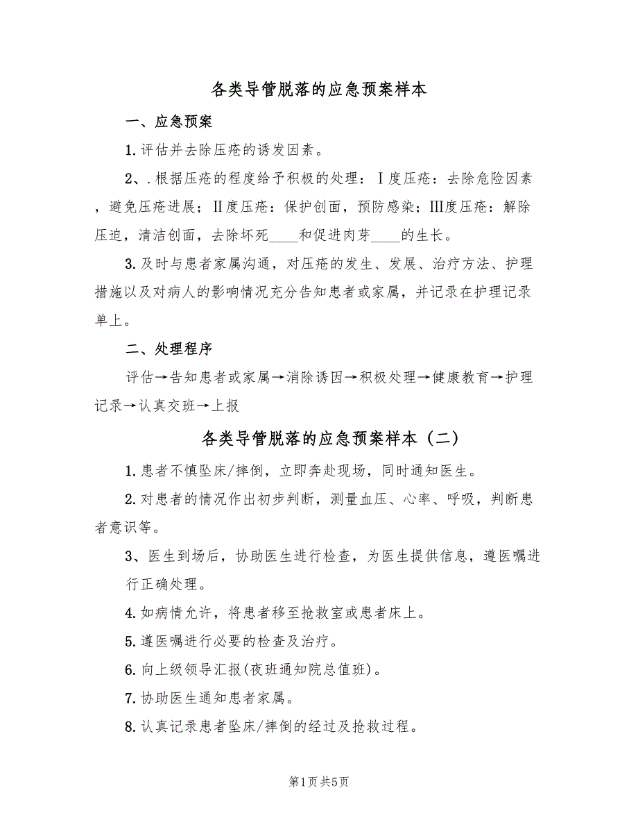 各类导管脱落的应急预案样本（五篇）_第1页