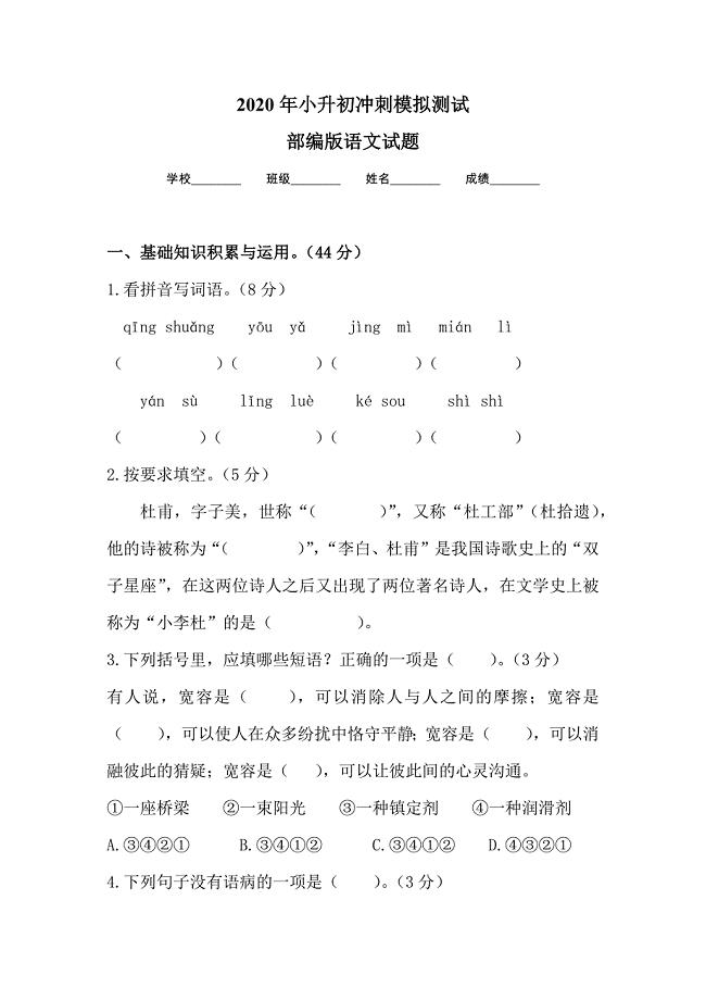 2020部编版小升初语文考试试卷含解析