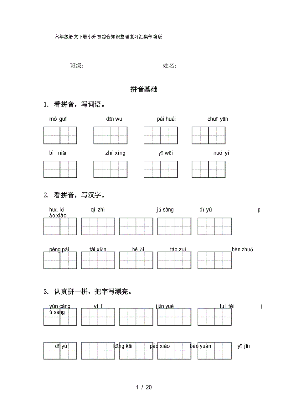 六年级语文下册小升初综合知识整理复习汇集部编版_第1页