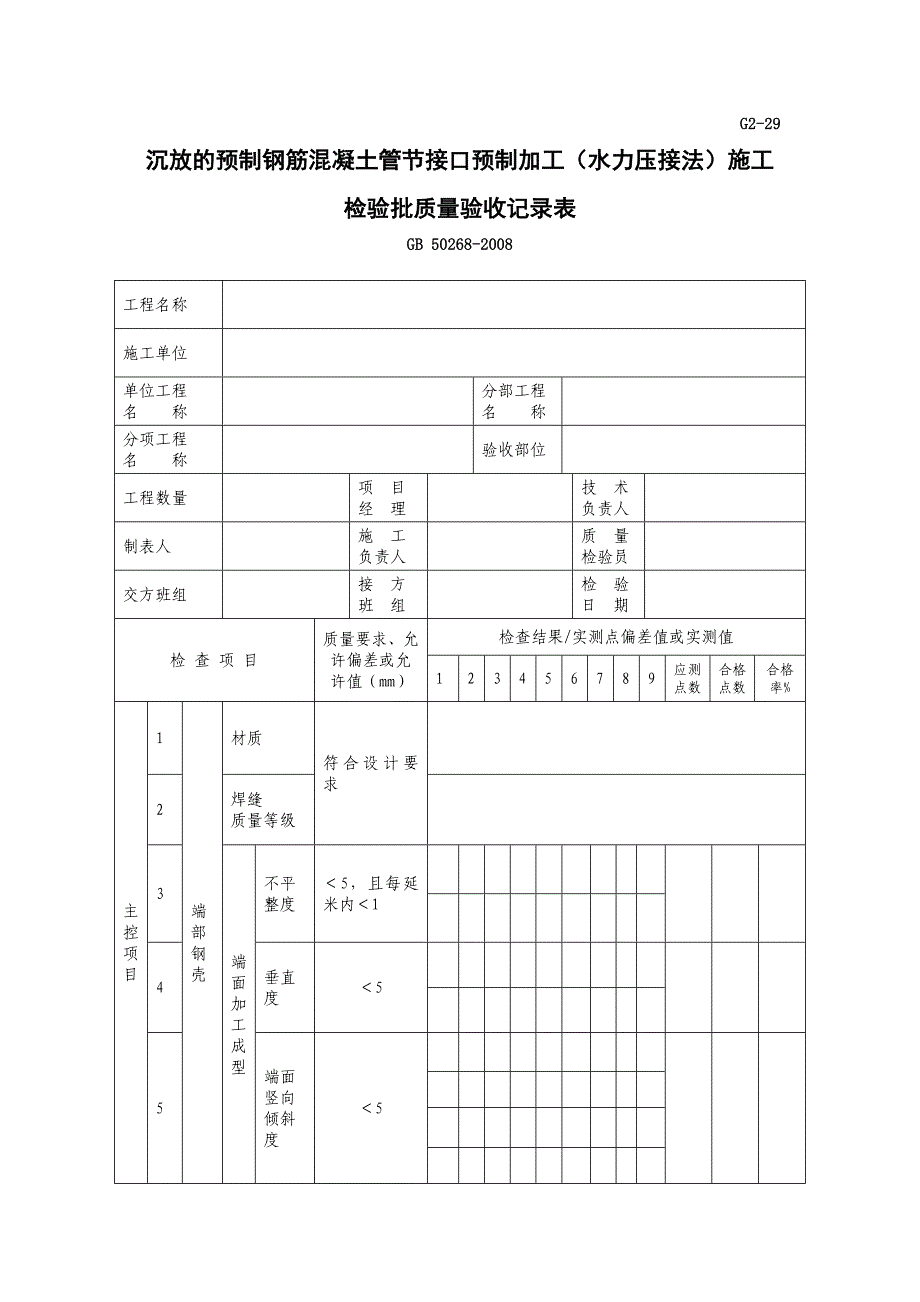 g229 沉放的预制钢筋混凝土管节接口预制加工(水力压接法)施工检验批质量验收记录_第1页