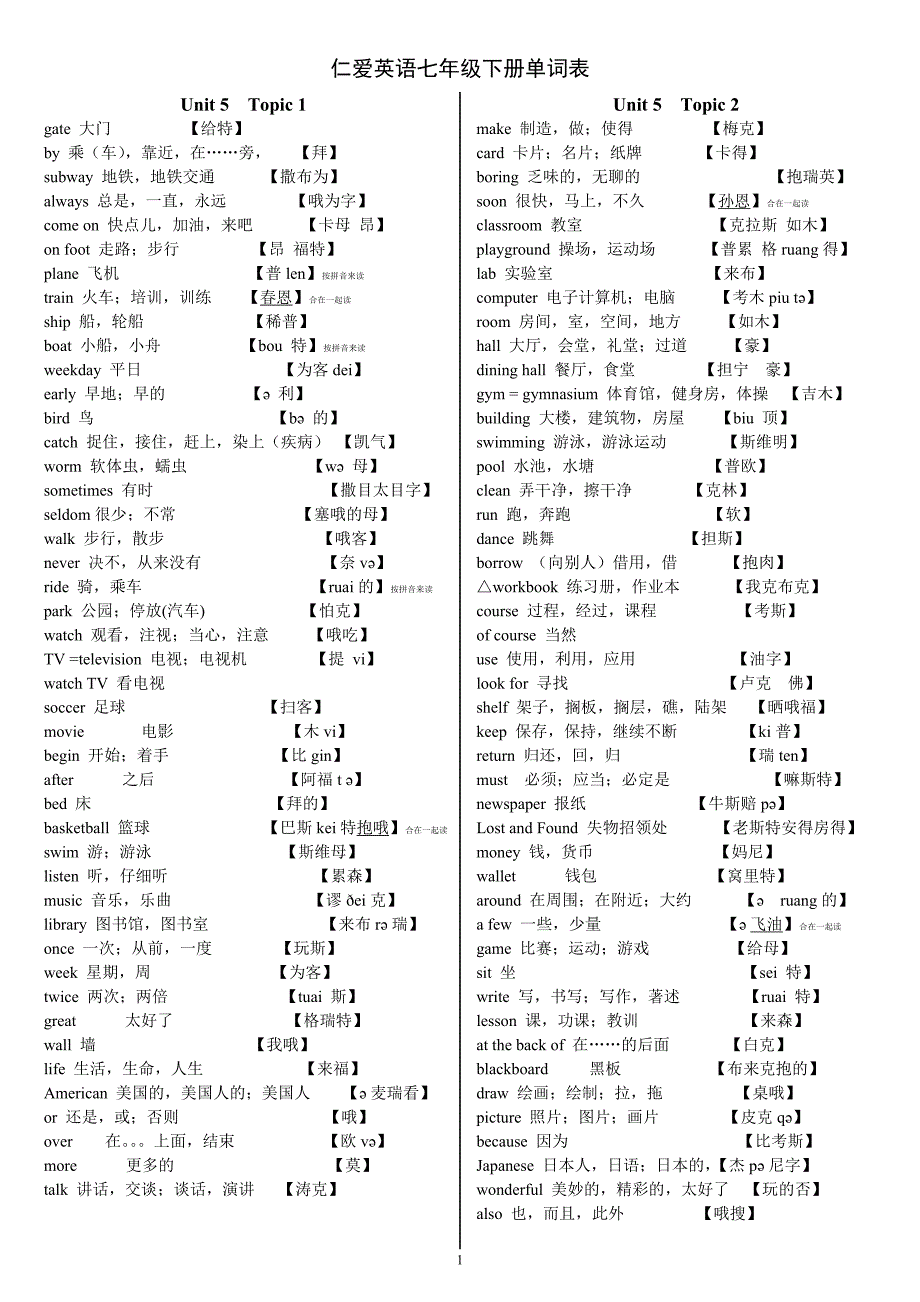 仁爱版英语七年级下册单词表(带白字发音)_第1页