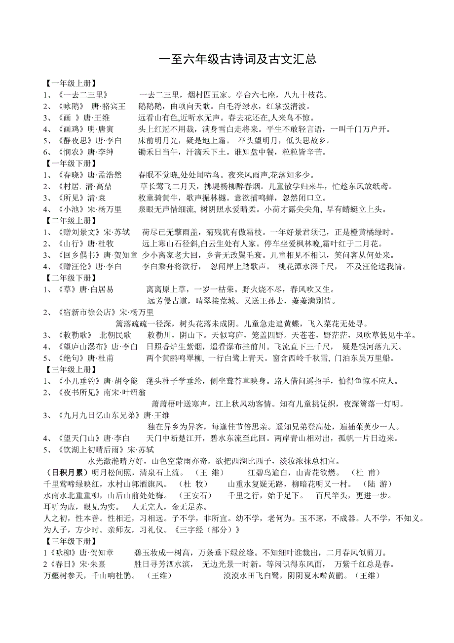 新课标人教版小学一至六年级古诗词及古文汇总.doc_第1页