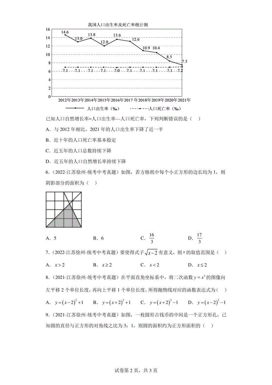 江苏省徐州市三年（2020-2022）中考数学真题题型分层汇编-选择题（基础题）_第2页