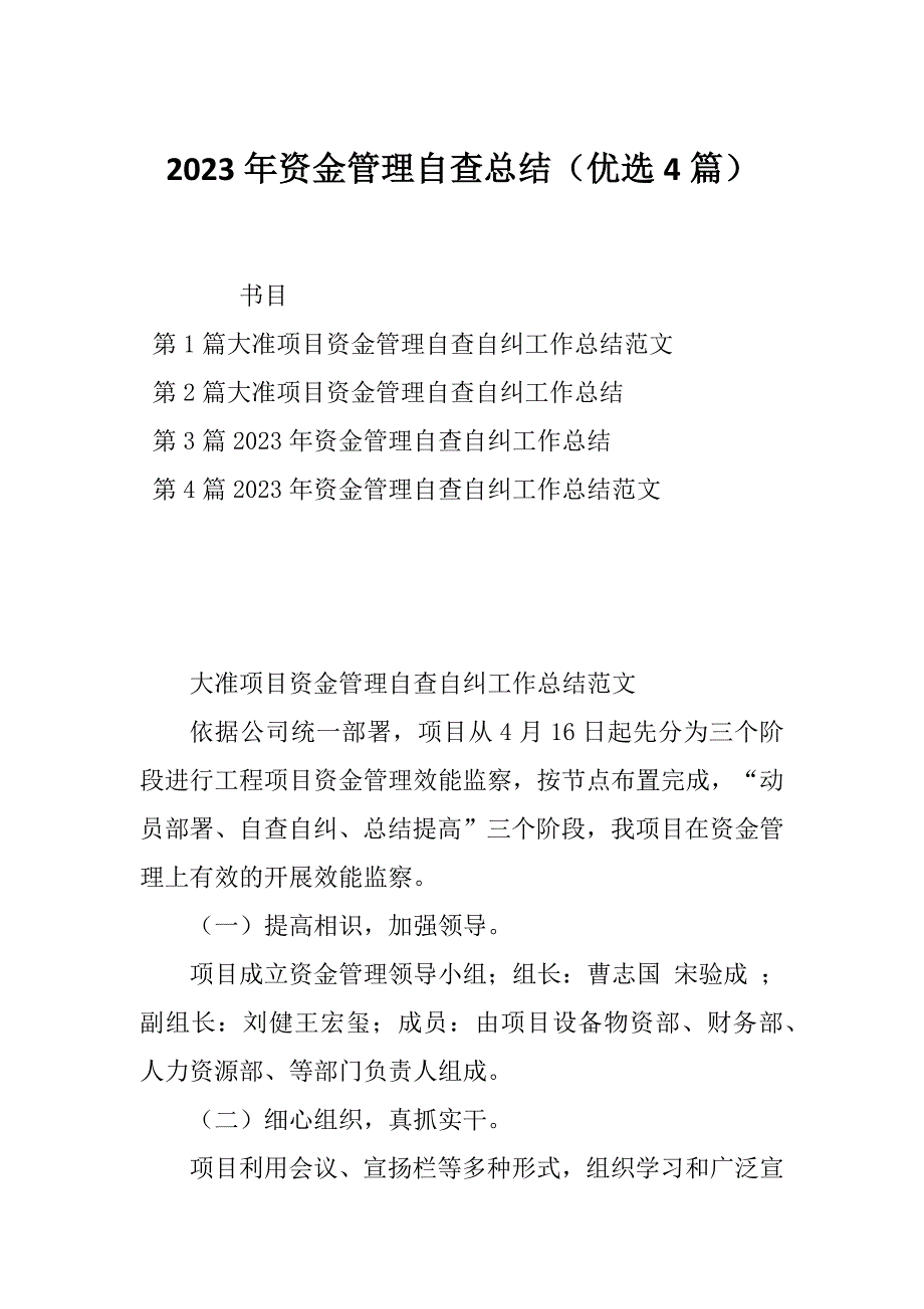 2023年资金管理自查总结（优选4篇）_第1页