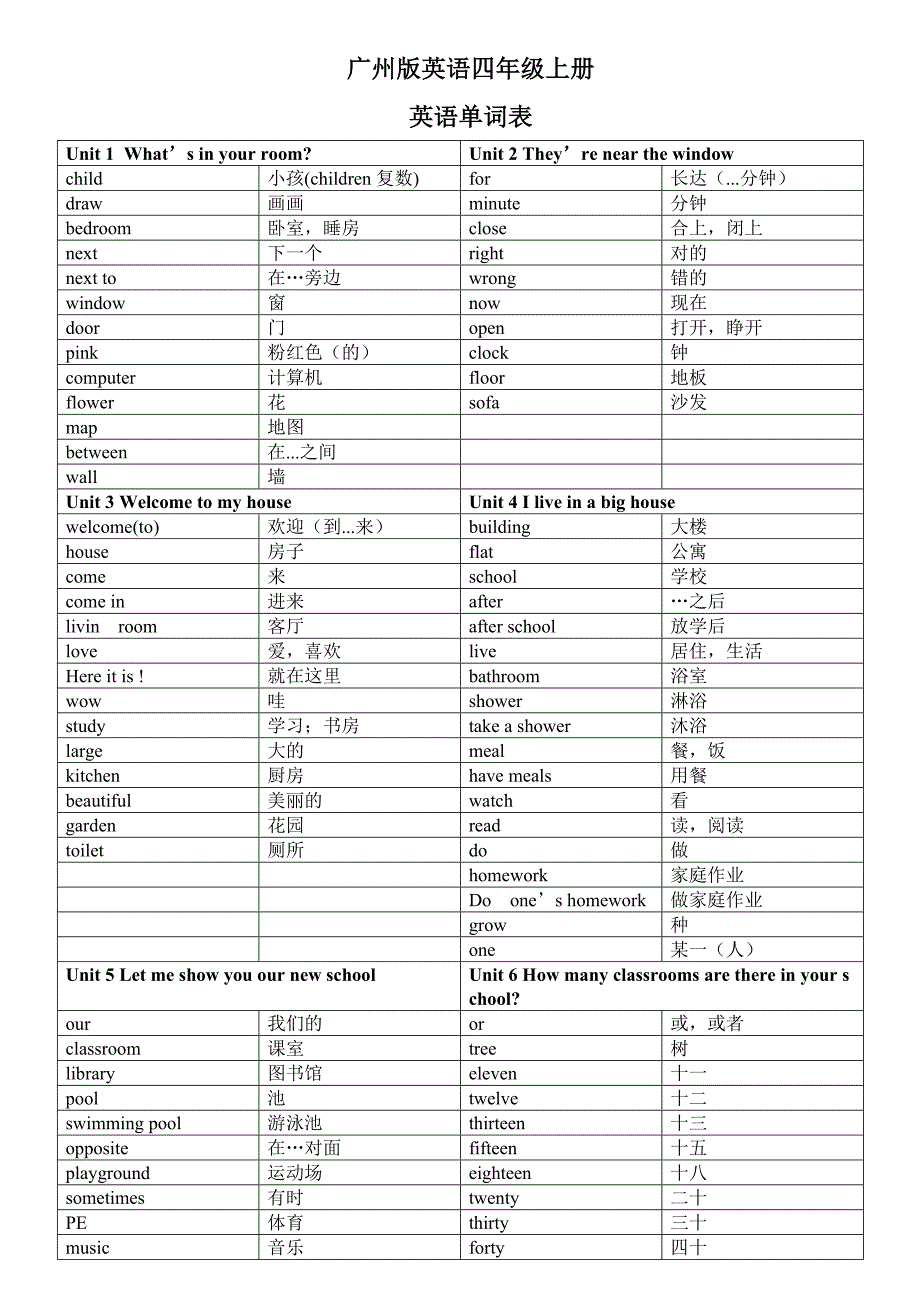 广州版英语四年级上册单词表_第1页
