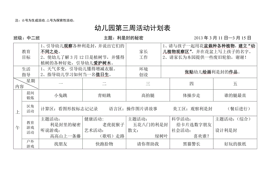 幼儿园资料：幼儿园第二周活动计划表 2_第2页