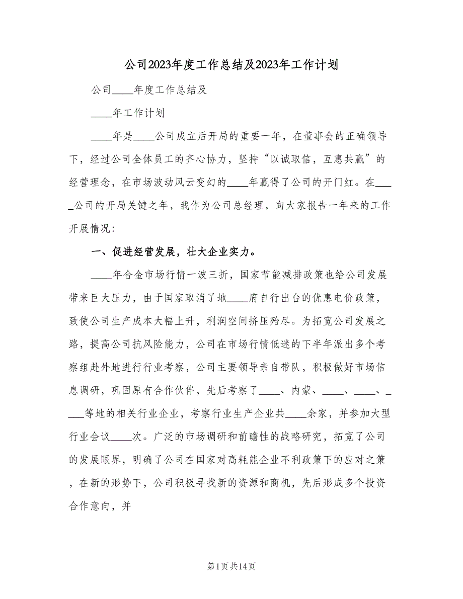 公司2023年度工作总结及2023年工作计划（四篇）.doc_第1页