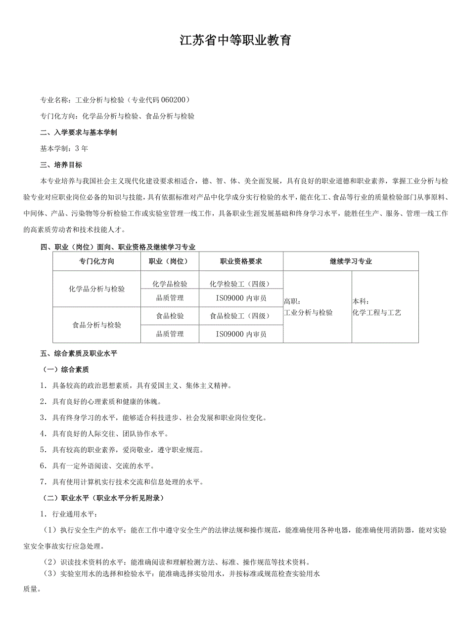 中等职业教育工业分析与检验专业指导性人才培养方案_第1页