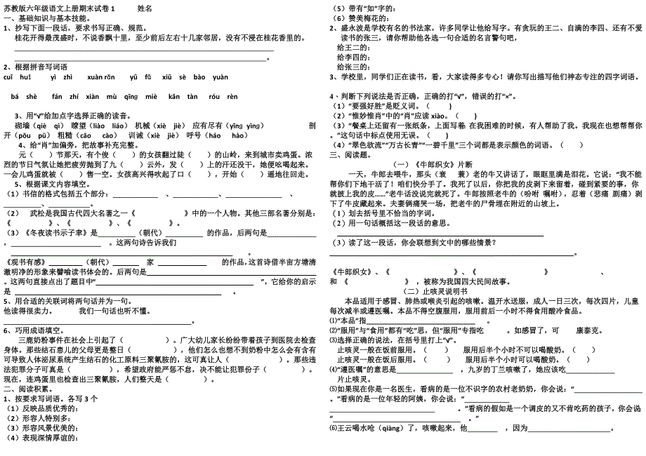 苏教版六年级语文上册期末试卷_第1页