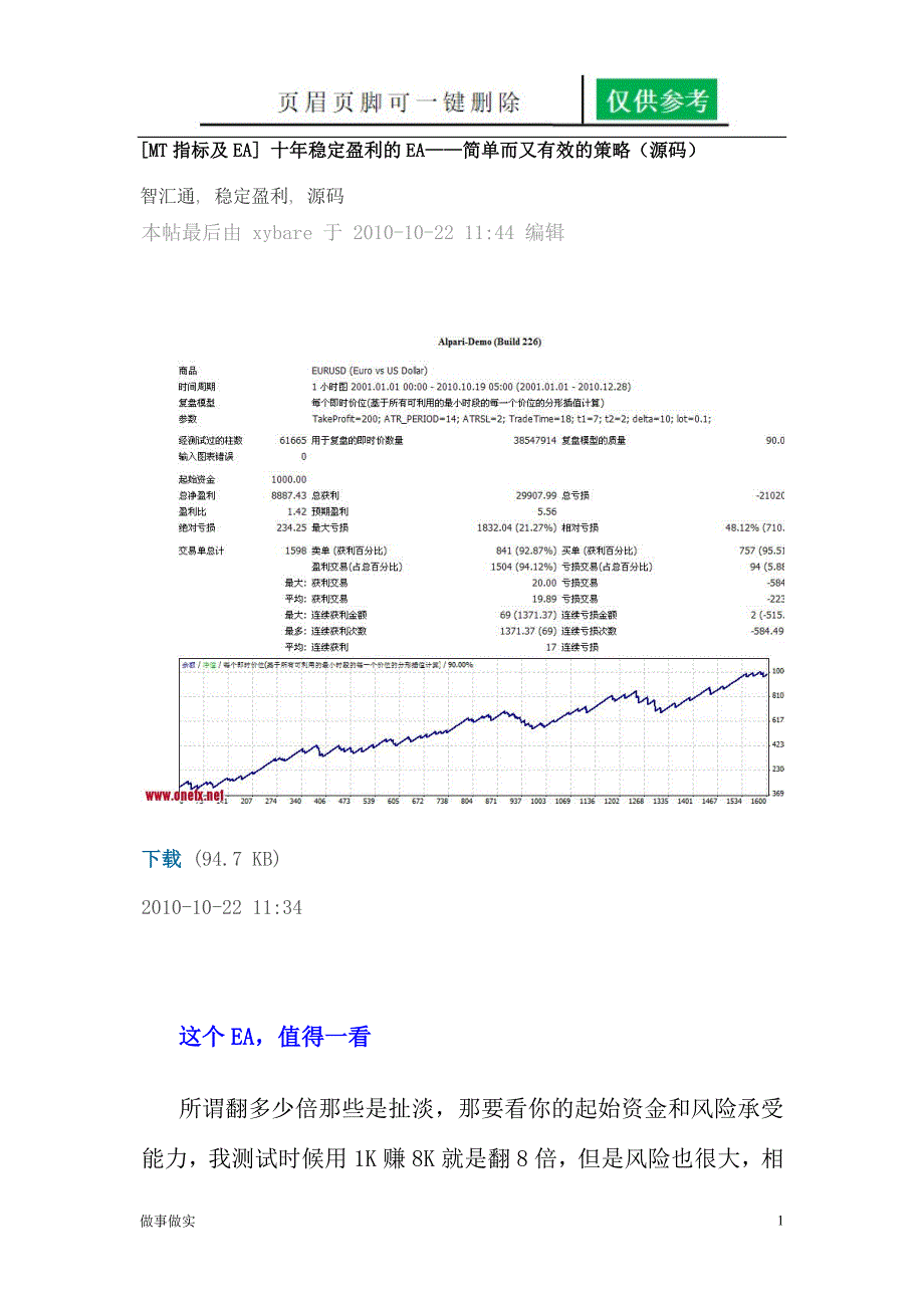 十年稳定盈利的EA简单而又有效的策略务实运用_第1页