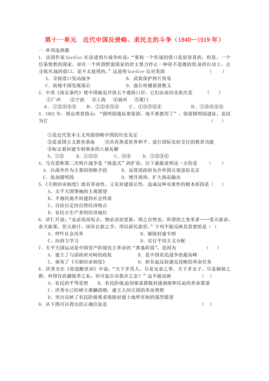 2011高考历史二轮复习配套训练 近代中国反侵略、求民主的斗争综合测试 新人教版_第1页