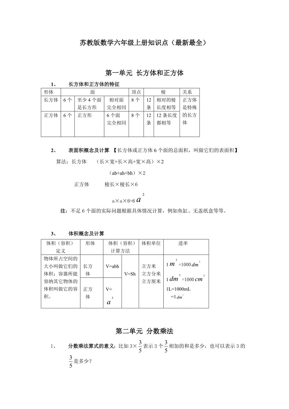 2023年苏教版小学六年级数学上册知识点_第1页