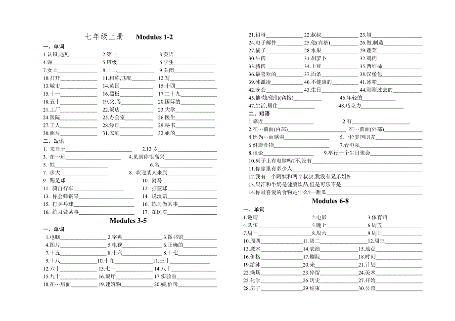 外研版七年级至九年级英语单词及短语复习_第1页