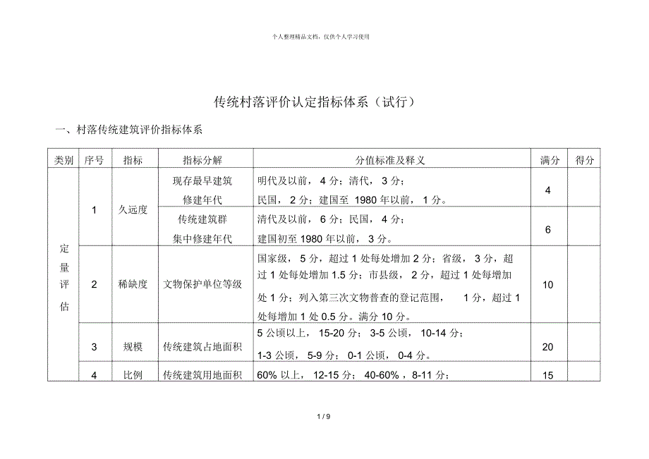 传统村落评价认定指标体系(试行)_第1页