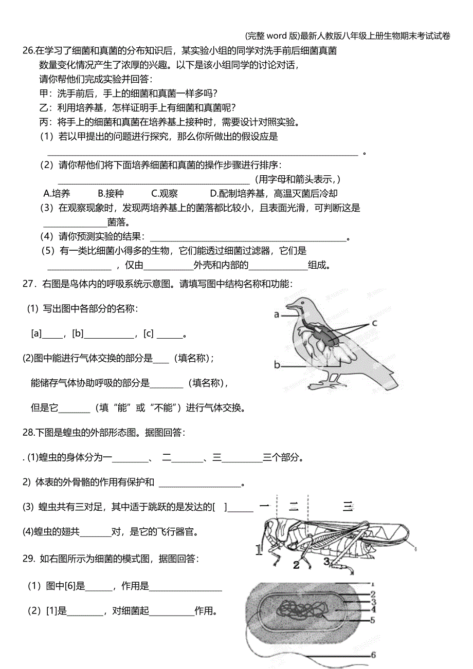 (完整word版)最新人教版八年级上册生物期末考试试卷.doc_第4页