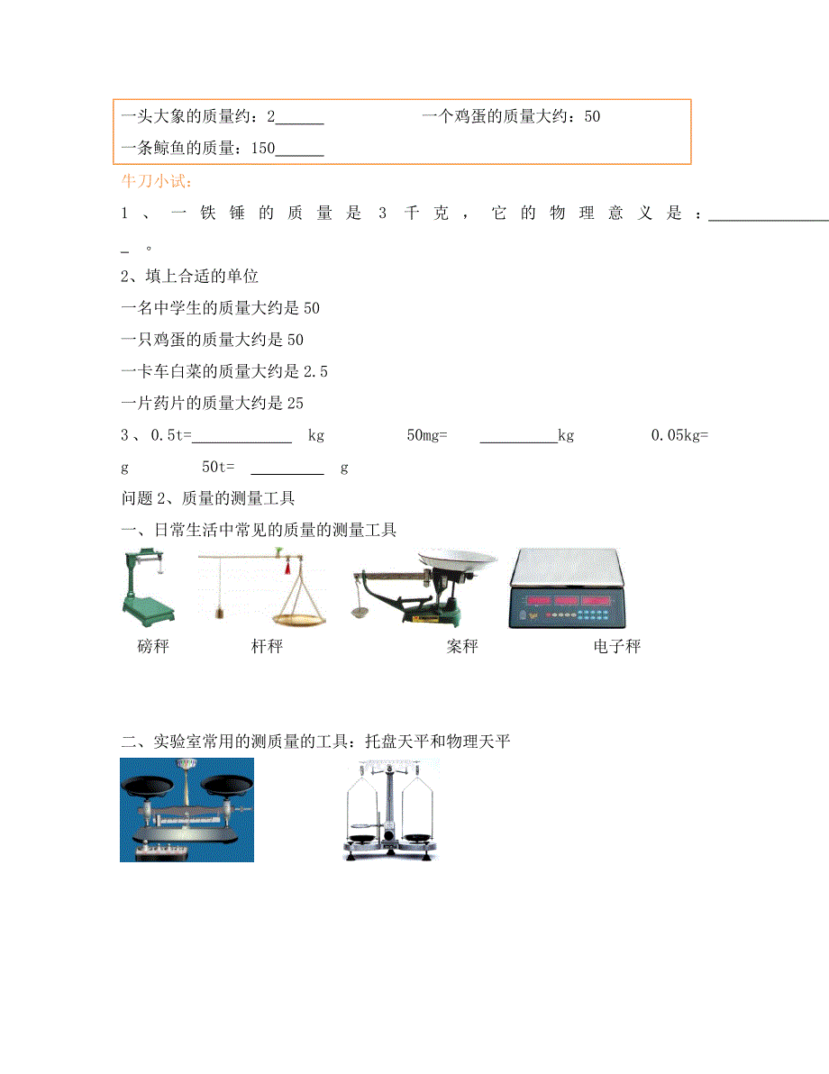 广东省深圳市罗湖区八年级物理上册第六章第一节质量讲义与练习无答案新版新人教版_第2页