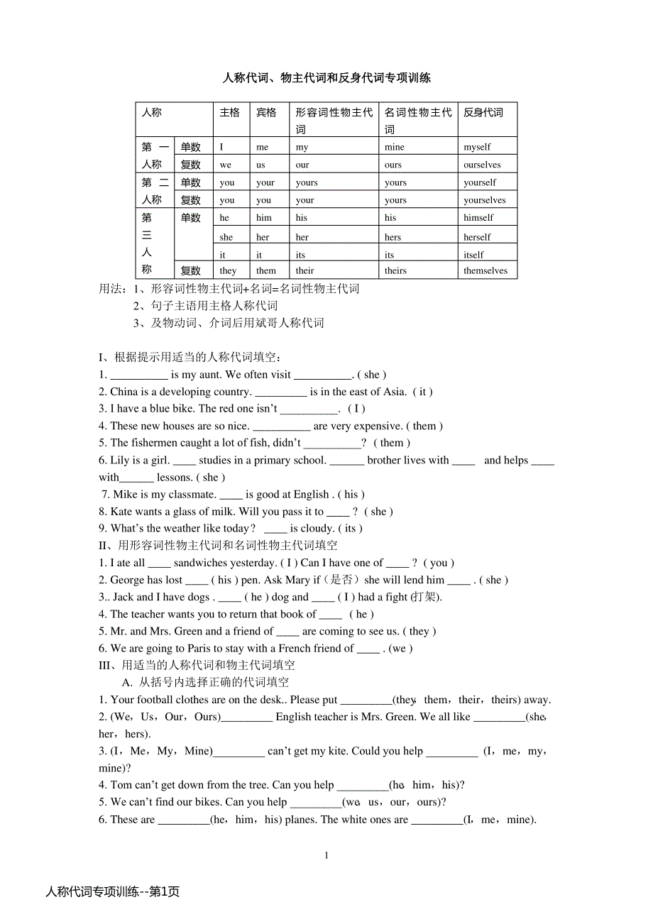 人称代词专项训练_第1页