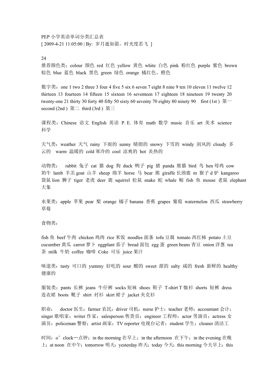 PEP小学英语单词分类汇总表_第1页