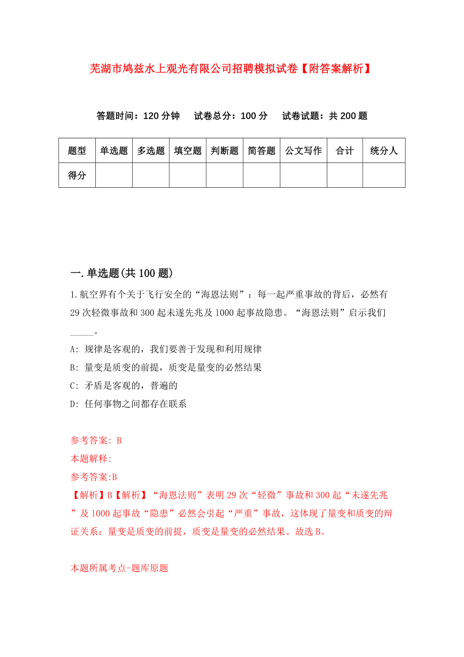 芜湖市鸠兹水上观光有限公司招聘模拟试卷【附答案解析】（第0次）_第1页