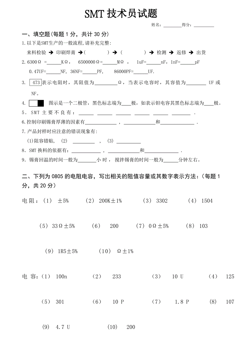 SMT技术员考试题_第1页