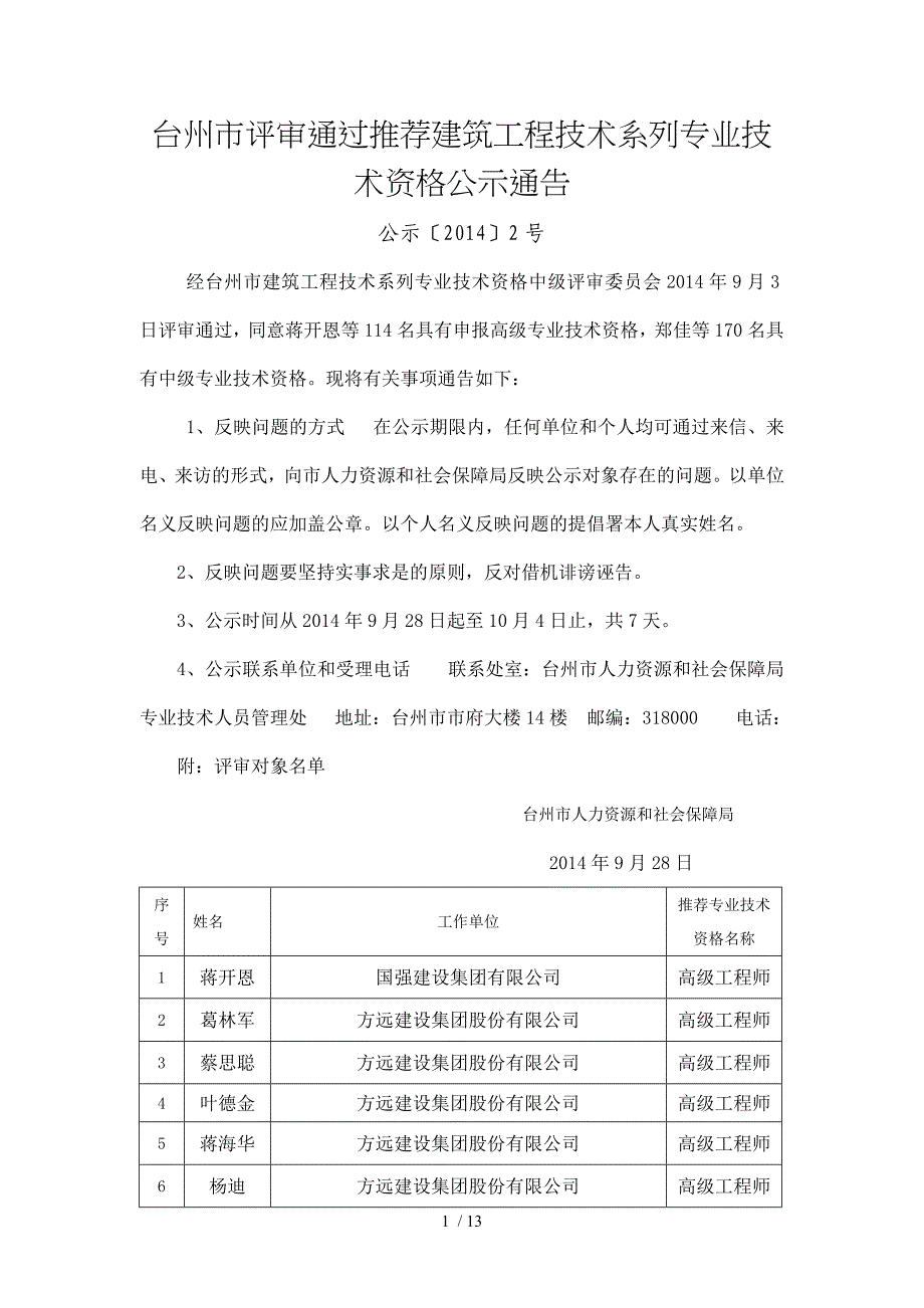 台州评审通过推荐建筑工程技术系列专业技术资格公-示通告_第1页