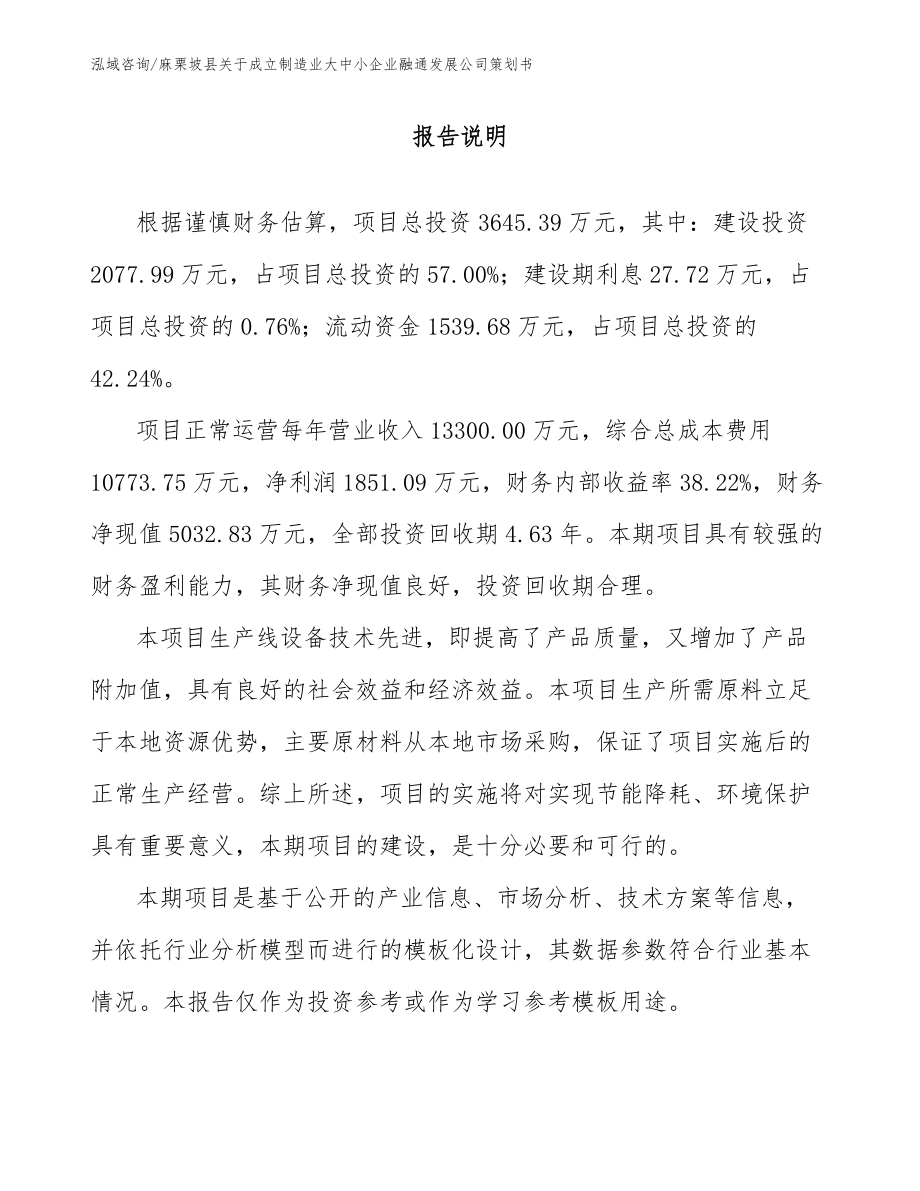 麻栗坡县关于成立制造业大中小企业融通发展公司策划书（范文）_第1页