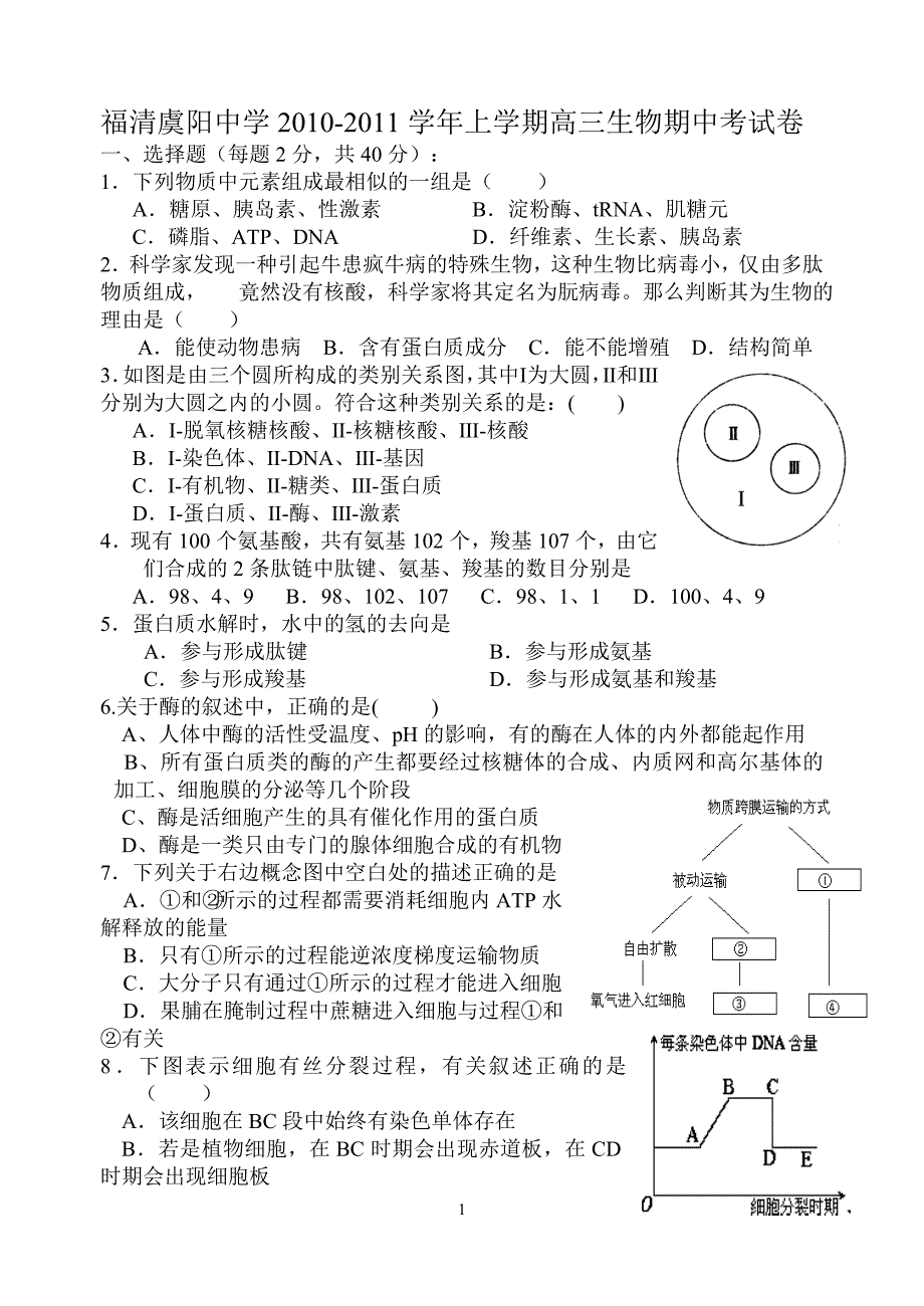 福清虞阳中学2010-2011学年上学期高三生物期中考试卷.doc_第1页