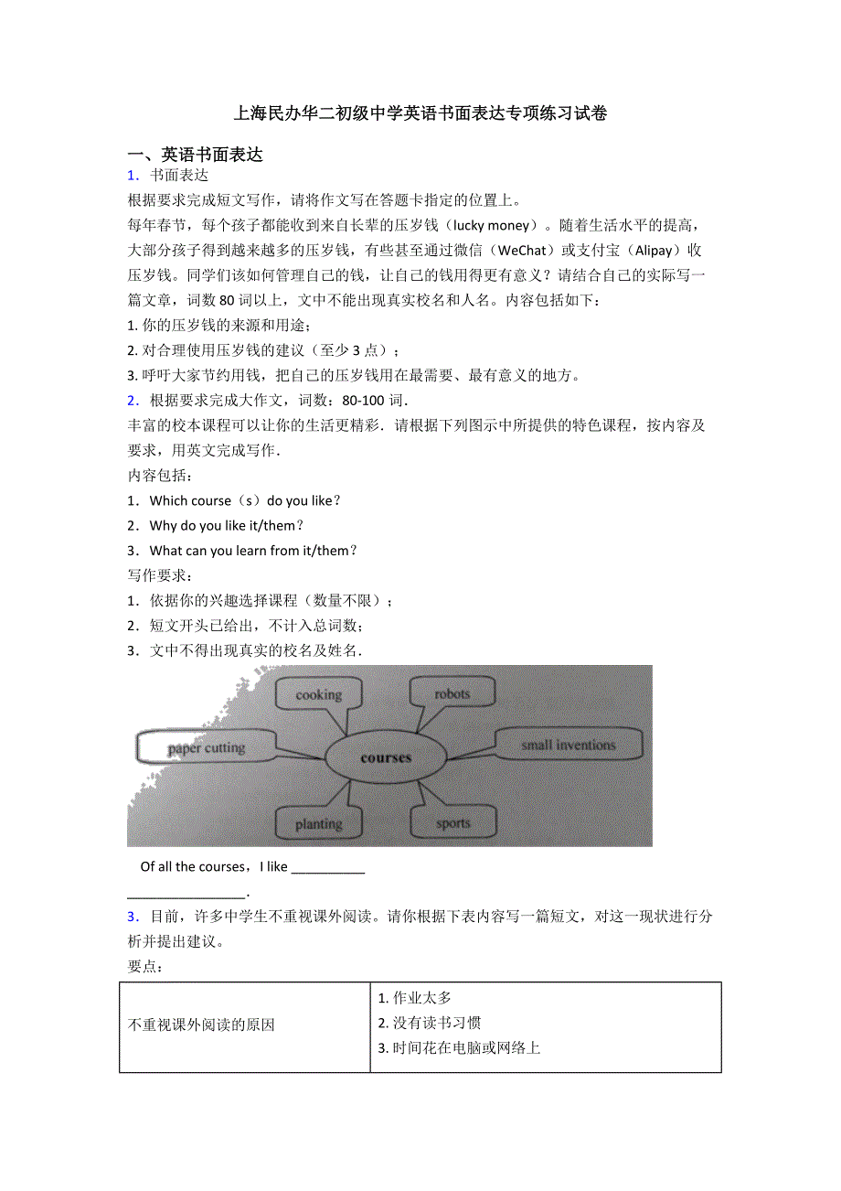 上海民办华二初级中学英语书面表达专项练习试卷.doc_第1页