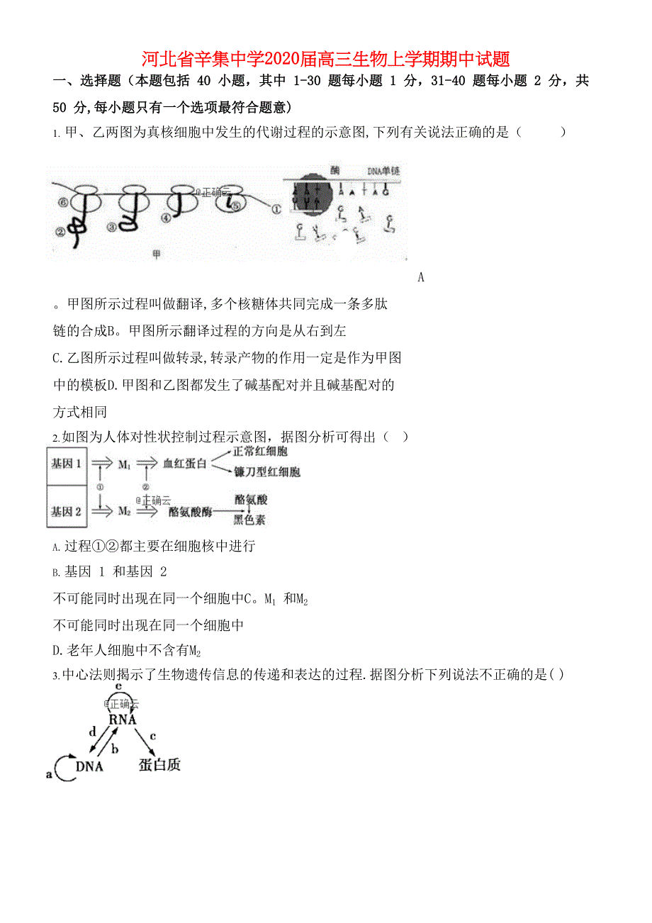 河北省辛集中学2020届高三生物上学期期中试题(最新整理).docx_第1页