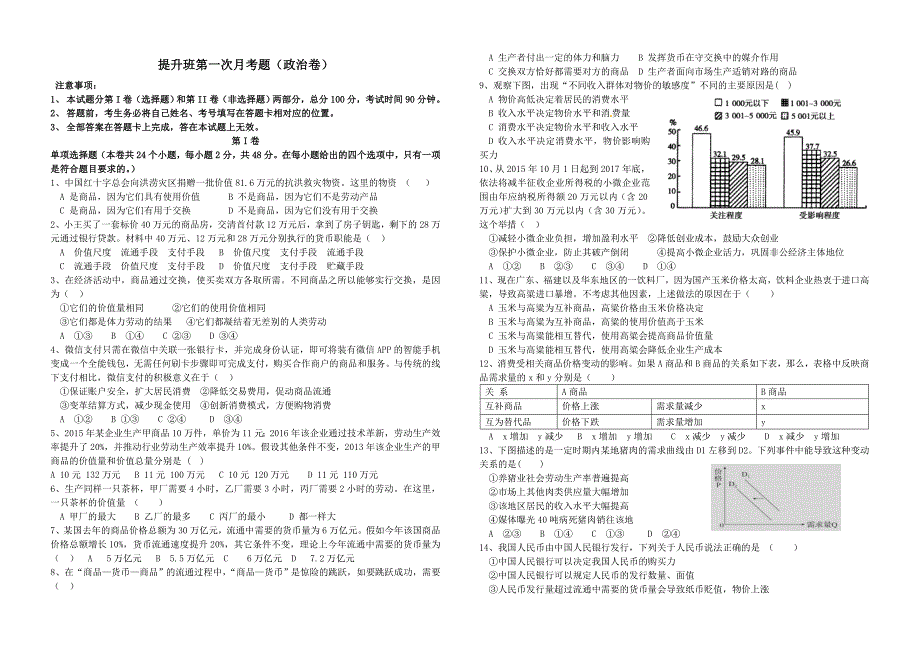 提高班第一次月考题（政治卷）_第1页