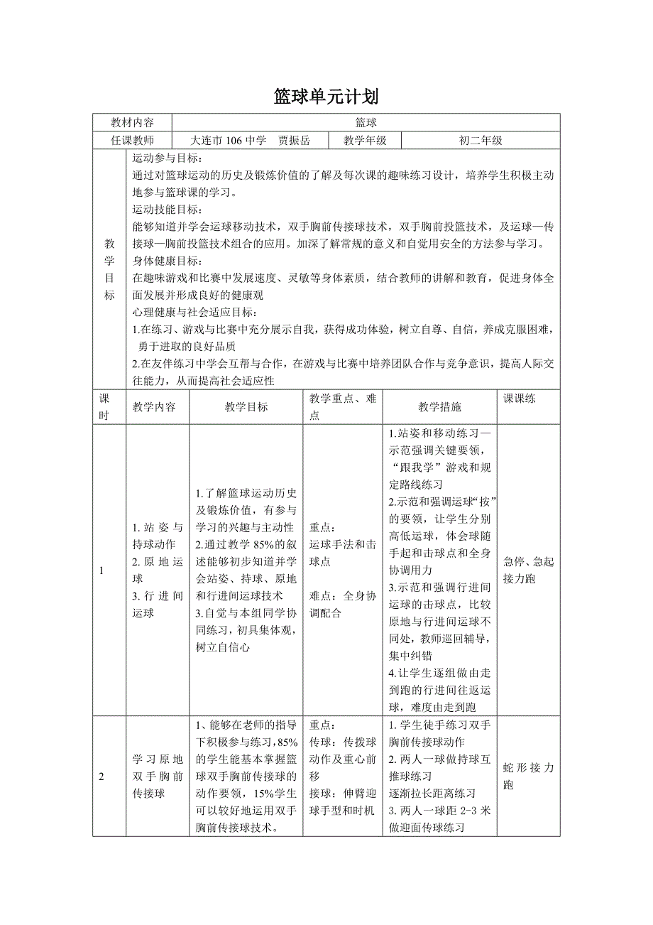 篮球——双手胸前传接球-课时计划+单元计划_第1页