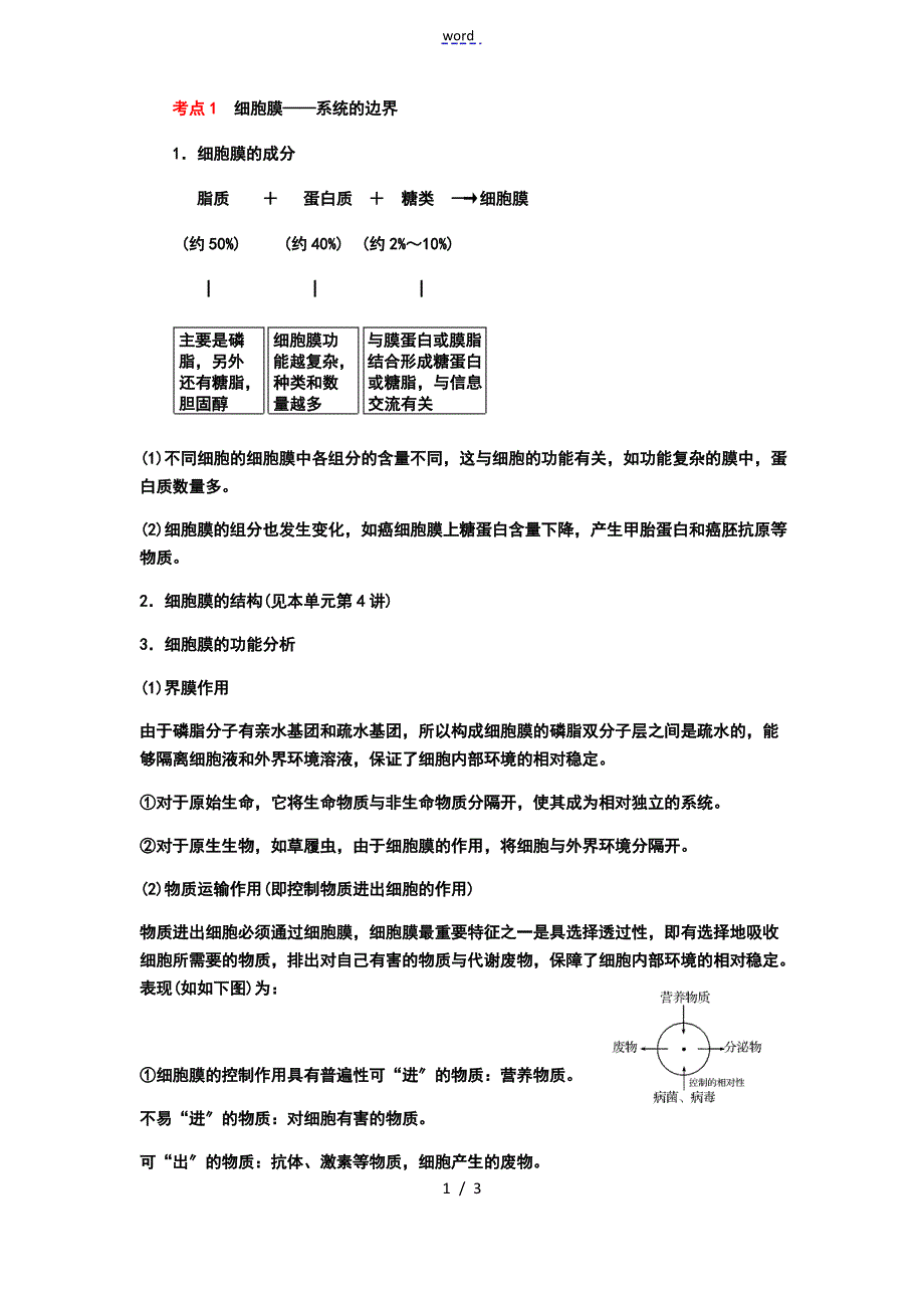 3.1细胞的膜——系统地边界地的知识点_第1页