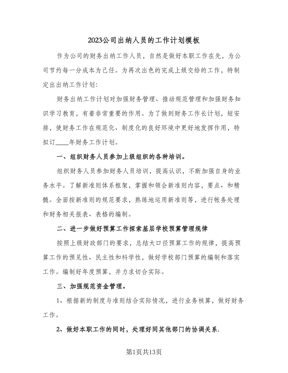 2023公司出纳人员的工作计划模板（五篇）.doc_第1页