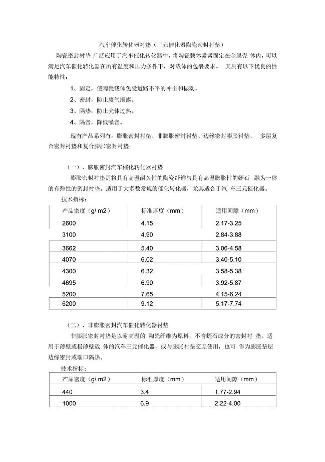 汽车催化转化器衬垫(三元催化器陶瓷密封衬垫)