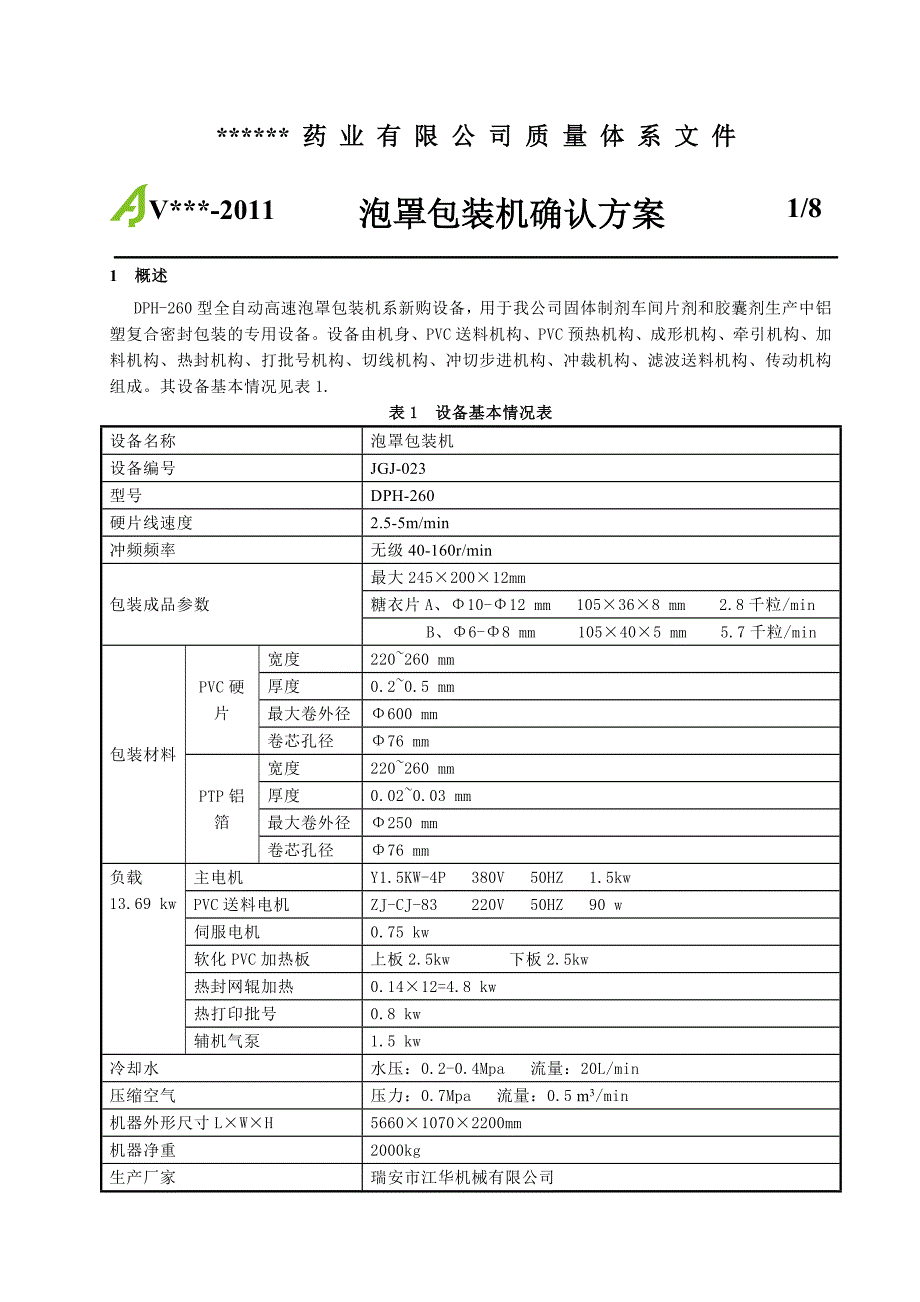 泡罩包装机确认方案.doc_第1页