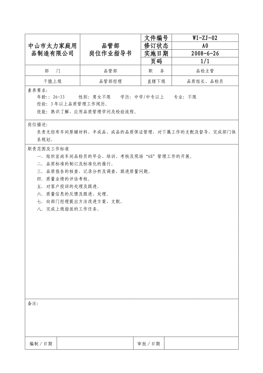 品管部岗位说明书_第4页