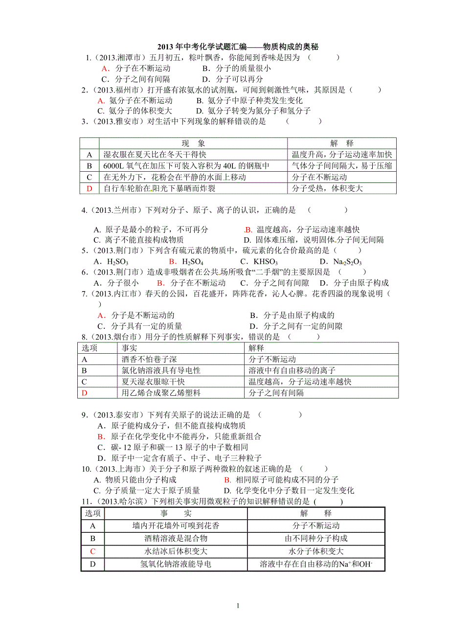 2013年中考化学试题汇编-物质组成与原子结构.doc_第1页