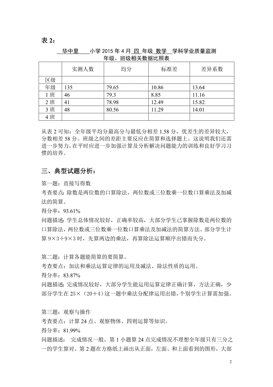 小学2015年4月四年级数学质量分析.doc_第2页