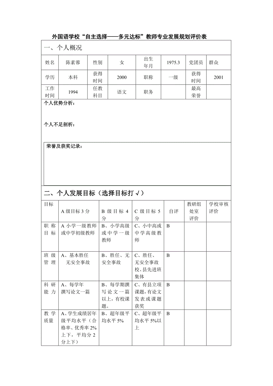 “自主选择--多元达标”教师专业发展规划评价表.doc_第1页