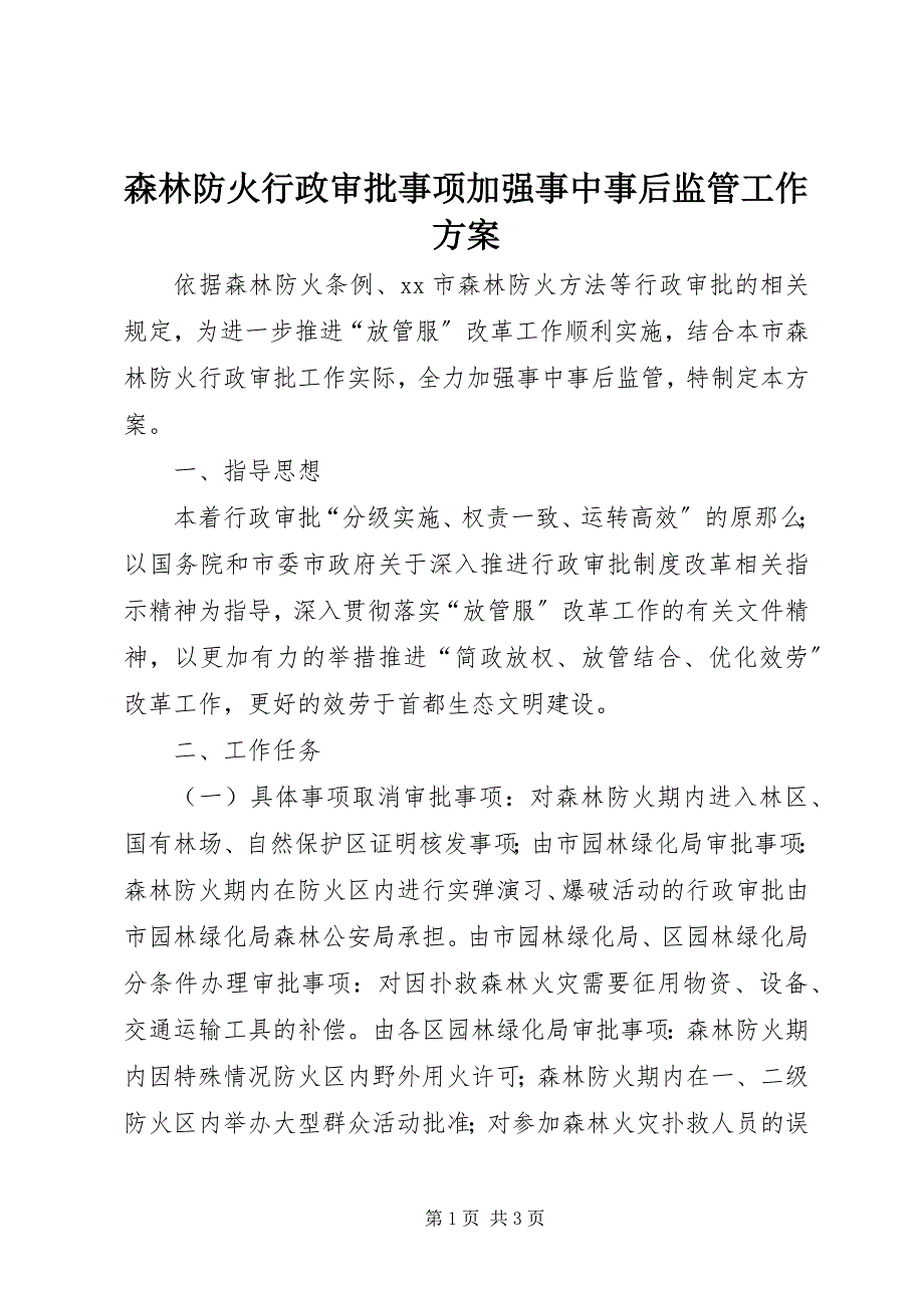 2023年森林防火行政审批事项加强事中事后监管工作方案.docx_第1页